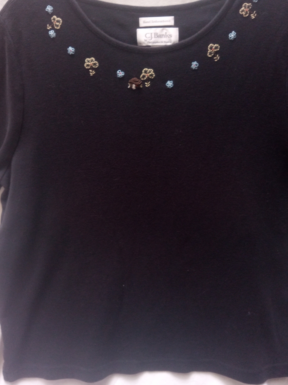 CJ Banks Black Crew Neck Top with Floral Embroidery Accents